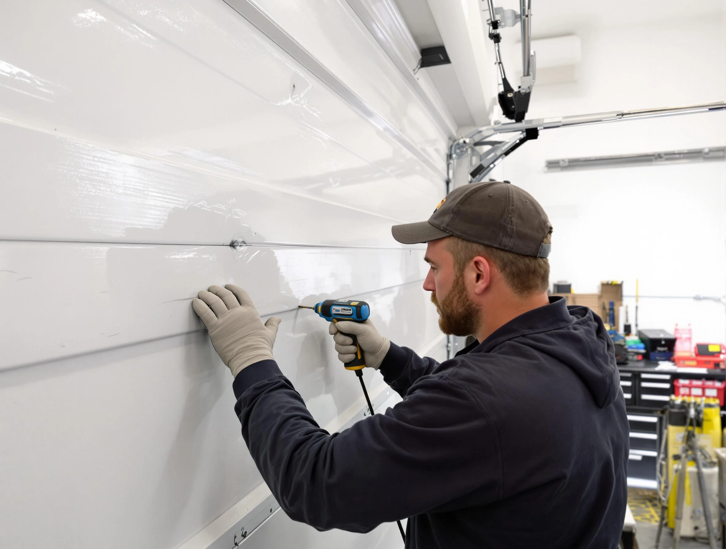 Hopewell Garage Door Repair technician demonstrating precision dent removal techniques on a Hopewell garage door